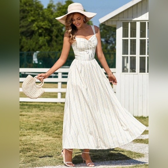 Floral Corset Style Maxi Dress Lace-Up Back Sundress with Pockets Size Large NWT - Picture 3 of 4